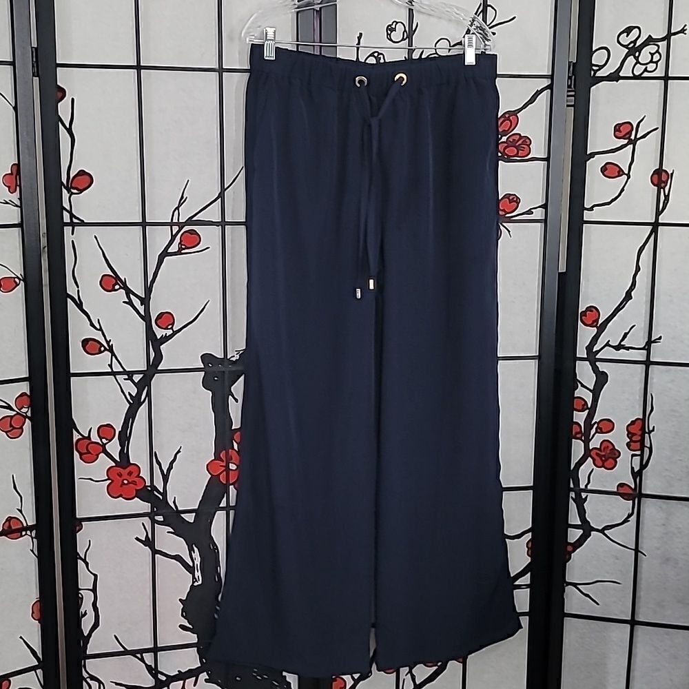 Michael Kors Women's Black Wide Leg Palazzo Pants Elastic Drawstring Waist Sz L
